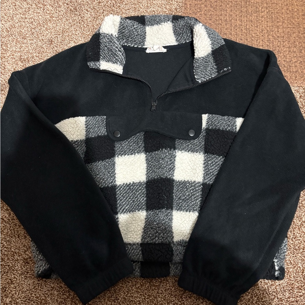 Pink Rose Black and White Zip Up Sweater